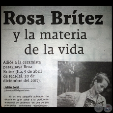 ROSA BRÍTEZ Y LA MATERIA DE LA VIDA - Por JULIÁN SOREL - Domingo,  24 de Diciembre de 2017